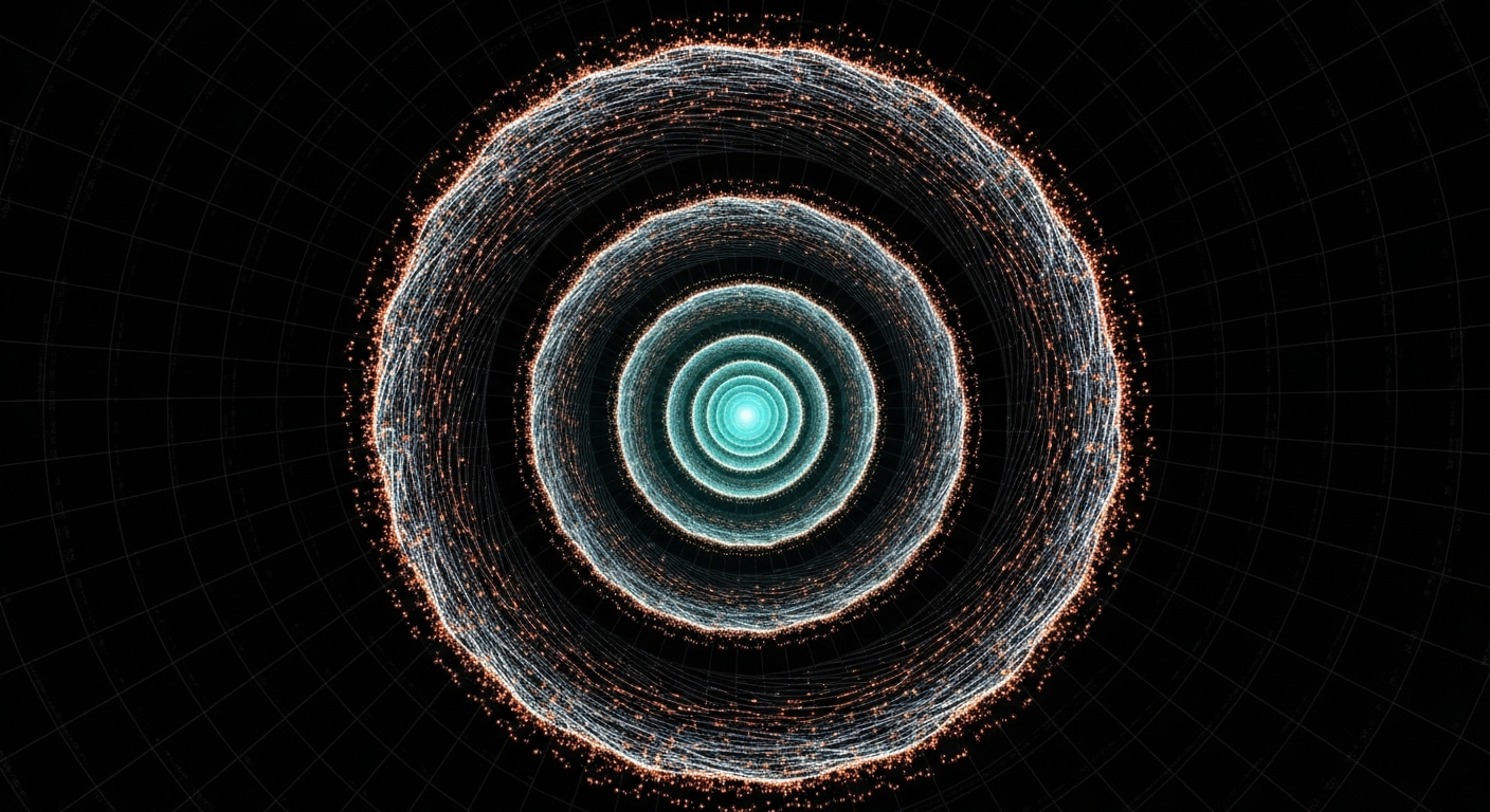 Inward-spiraling helical light streams converging toward a glowing teal nucleus