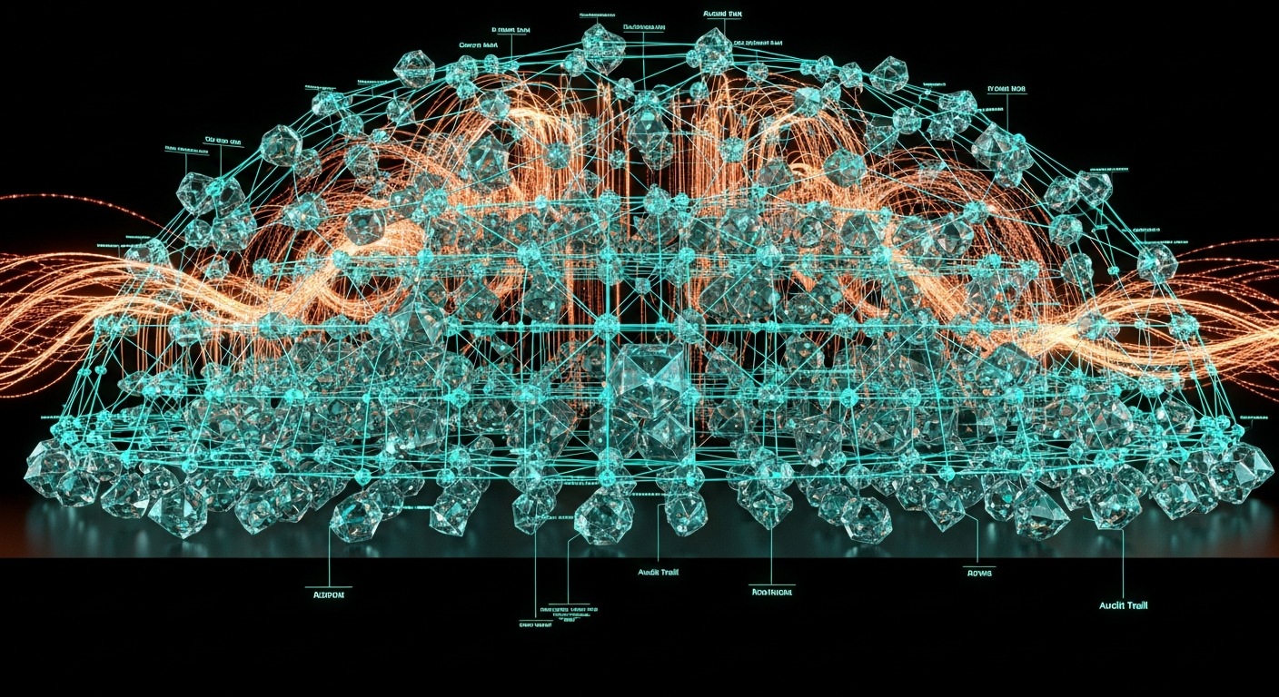Cross-section of a transparent neural network with audit trails of teal data flowing through every connection