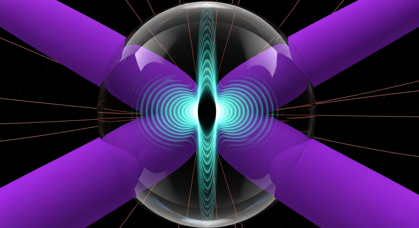 Two large interpenetrating violet stress fields crossing at right angles inside a transparent crystalline sphere, with a bright concentric standing-wave interference pattern in teal where they meet