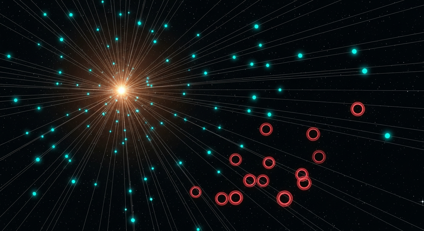 A radial constellation graph in deep cosmic void with a single brilliant amber star at the center radiating dozens of fine silver lines outward to small glowing orbs — most orbs glow bright teal with crisp solid centers, approximately seven orbs in the lower-right quadrant glow dim coral red as hollow ring shapes