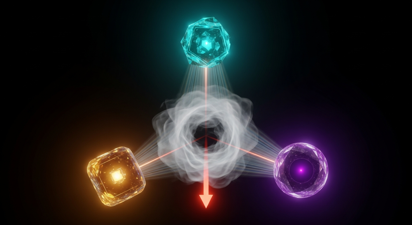 Three glowing geometric orbs arranged at vertices of an equilateral triangle around a translucent swirling vapor cloud at the center — a hexagonal teal orb at top, a square amber orb at lower-left, a circular violet orb at lower-right — with beams of light from each orb converging into the central cloud creating a swirling iridescent interference pattern with a bright coral arrow emerging downward