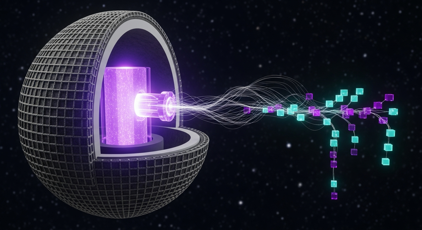 A luminous cutaway hemisphere on the left with woven graphite mesh outer shell containing a glowing violet crystalline cylindrical core, with delicate light filaments streaming rightward from the core and weaving into a downward-cascading binary tree structure of small glowing teal-and-violet crystalline cubes on the right