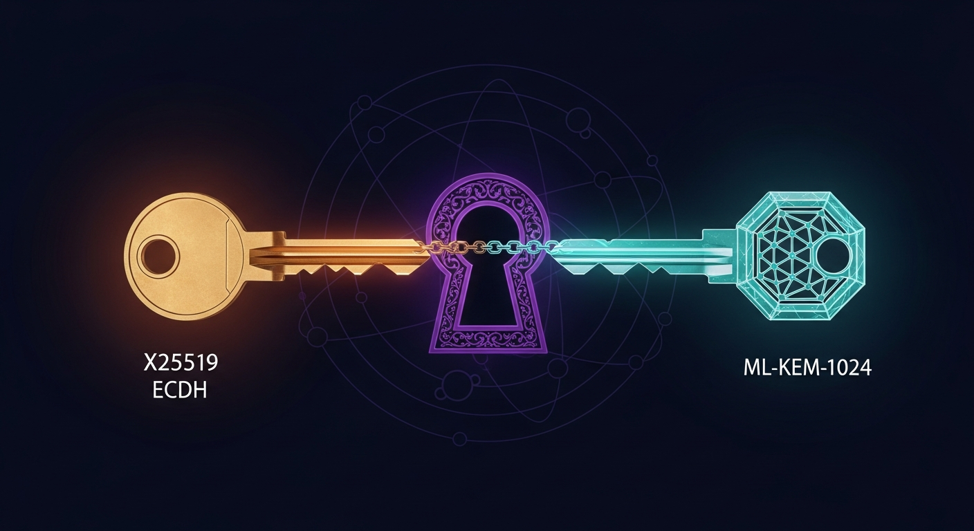 Symbolic two-key cipher diagram: a single ornate violet keyhole at the centre approached by two distinct keys — a classical brass key glowing copper from the left labelled X25519 ECDH, and a futuristic crystalline lattice key glowing teal from the right labelled ML-KEM-1024 — with a faint chain linking the two keys
