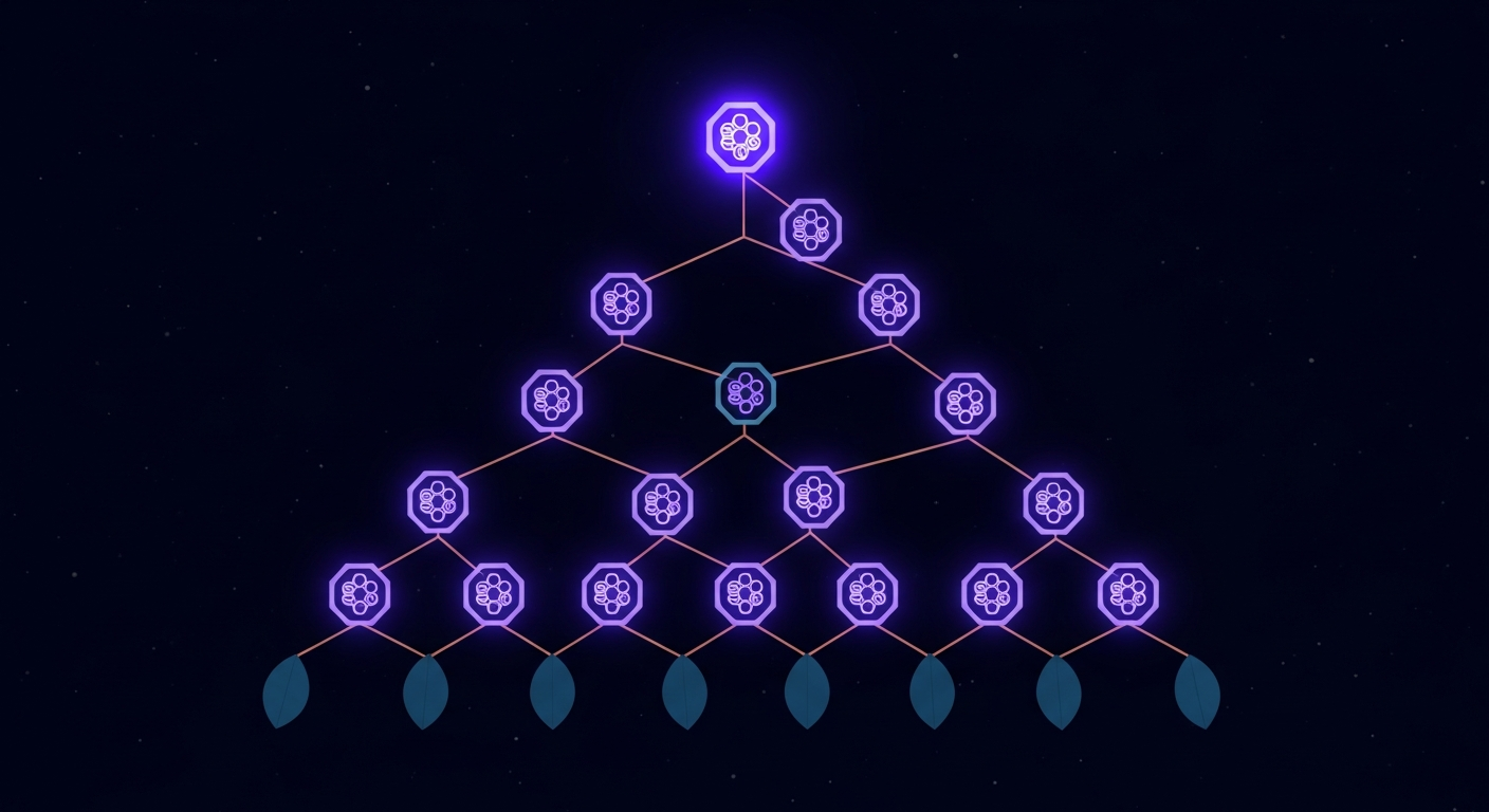 A binary Merkle-tree structure with 16 leaves at the bottom and a root at the top suspended in deep void, with every node carrying a glowing violet hexagonal SLH-DSA signature seal beside it, glowing more brightly closer to the root, with copper hash edges connecting the nodes