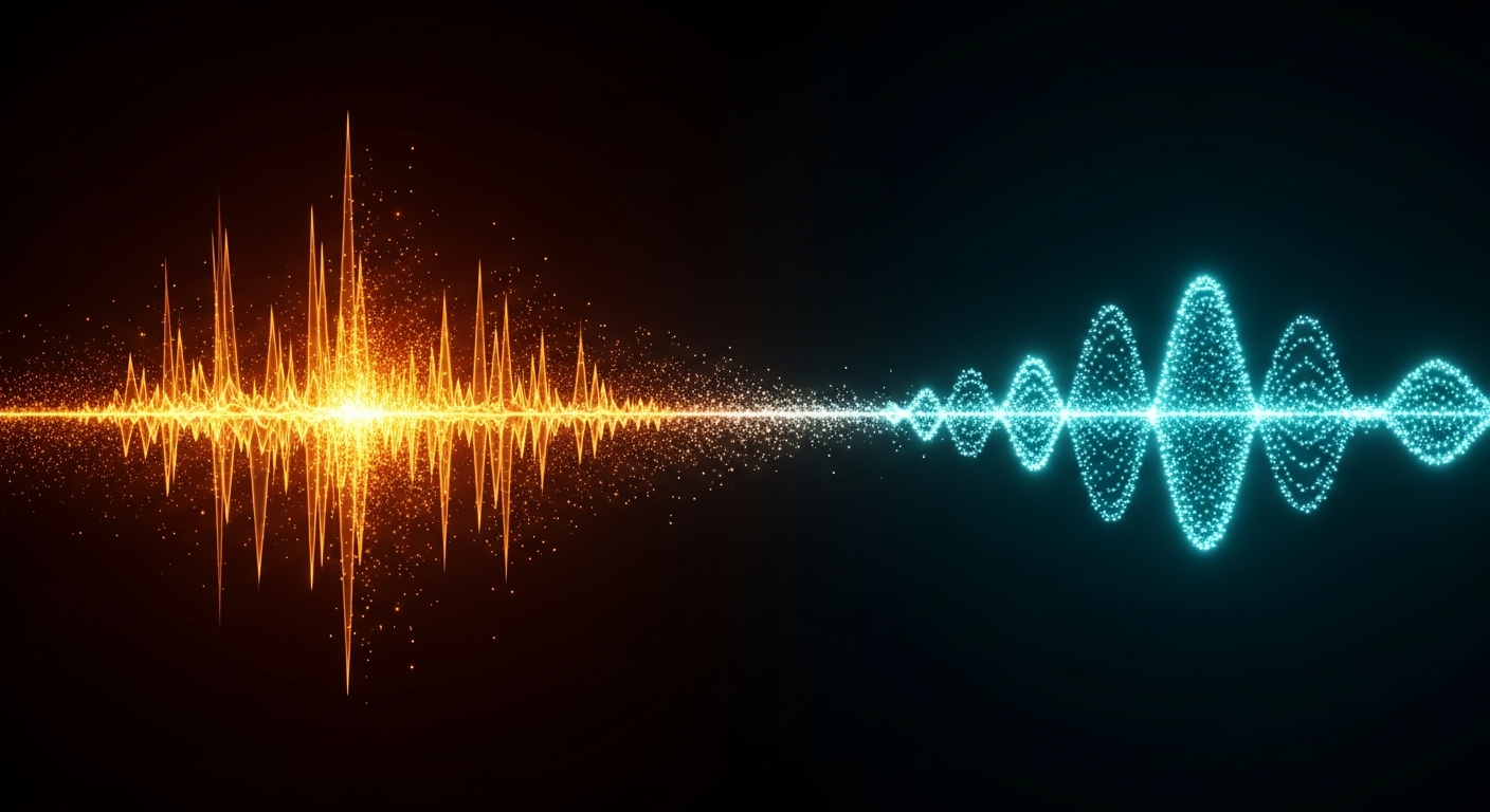 Two luminous waveforms in deep cosmic space connected by a sweeping arc of light particles — left: a chaotic spiky amber burst with sharp jagged spikes scattering particles outward, right: the same particles reformed into a smooth flowing teal sine wave undulating gracefully