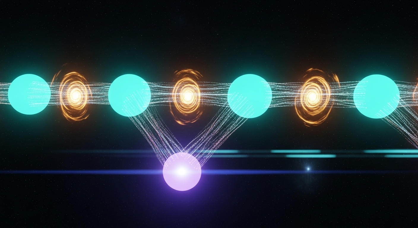 A horizontal procession of glowing teal spherical nodes connected by streaming corridors of light particles in deep cosmic space, with small spiraling amber vortex eddies spinning energetically between each pair of nodes, and one node in the lower portion glowing with soft violet aura