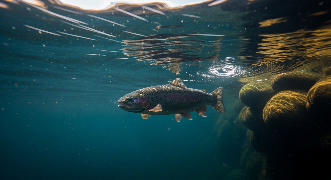 A single rainbow trout silhouette holding station in a fast Alpine stream, the surrounding water rendered as long teal and amber light streaks photographed at long exposure, with visible vortex shedding behind two upstream rocks