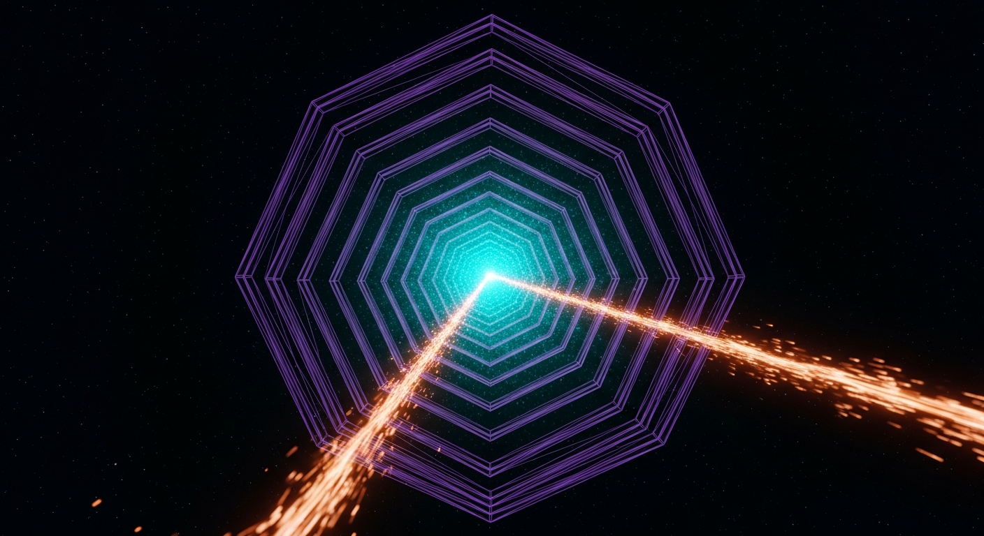 Five nested concentric translucent hexagonal-lattice shells expanding outward from a brilliant teal energy core suspended in deep cosmic space, each shell a thinner violet wireframe than the one inside it, with a single bright copper streaming filament spiraling inward through the shells toward the core