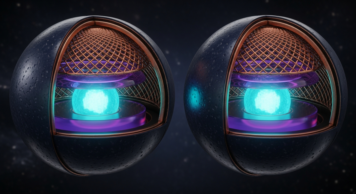 Two cutaway luminous spheres side by side in dark cosmic space, both rendered as concentric layered cross-sections — outer shell of dark navy ceramic, second shell of woven copper mesh, third shell of translucent violet glass, and a brilliant teal energy core glowing brightly through the center