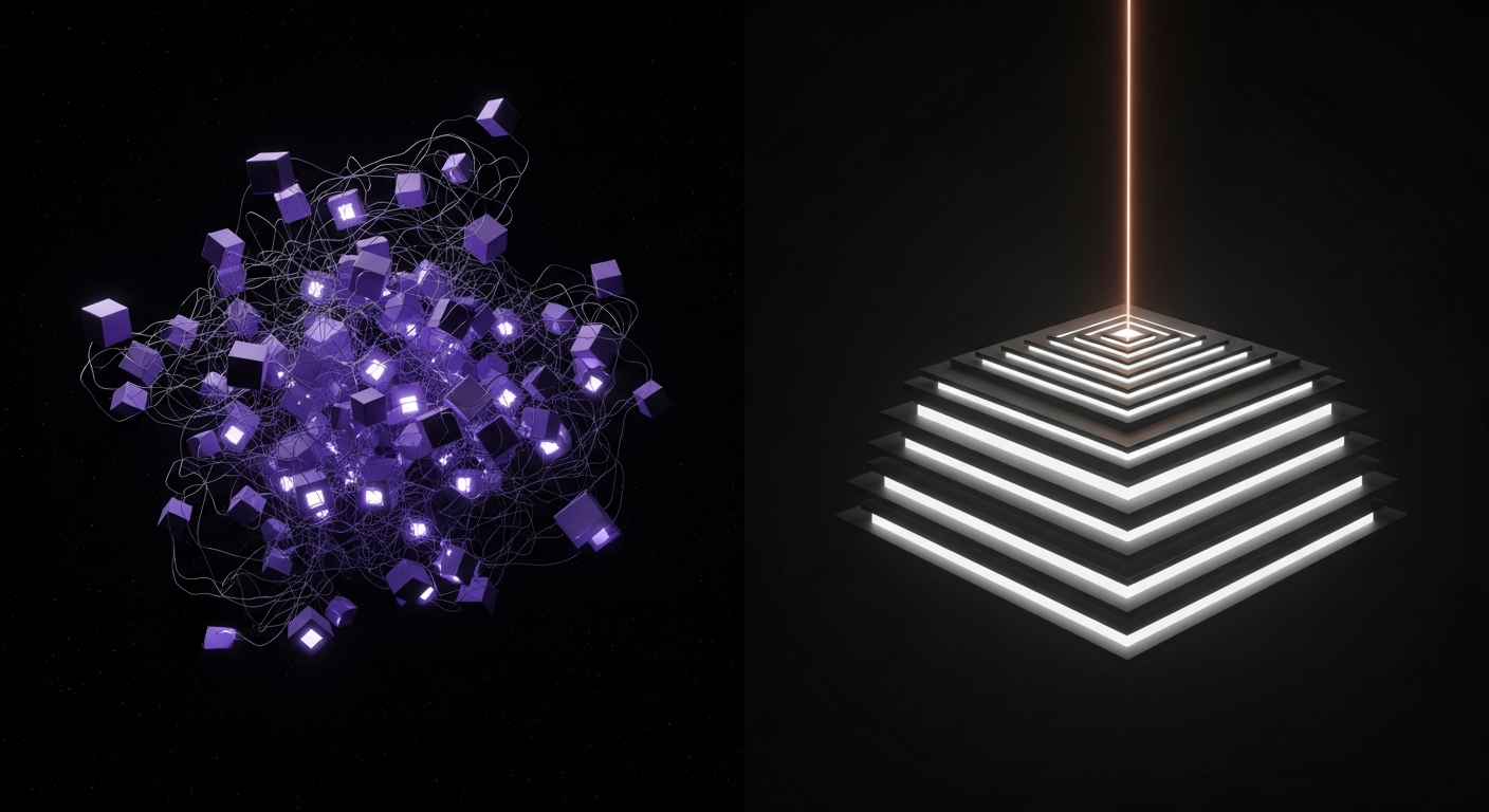 Two architectural compositions side by side in dark cosmic space — left: a chaotic floating cluster of dozens of small violet cubes connected by tangled silver threads scattered haphazardly, right: a single elegant minimalist stack of five glowing concentric square plates of decreasing size with a vertical copper light beam shooting upward through the center