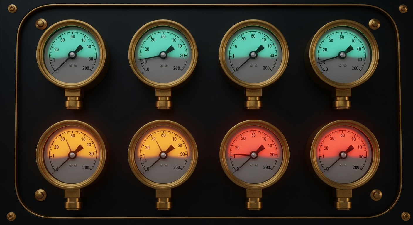 Eight ornate brass and copper analog pressure gauges mounted in a 4-by-2 grid on a dark obsidian dashboard panel — top row gauges glow with safe teal needles in the middle of their arcs, bottom row gauges have needles deep into amber warning zones and coral red danger zones