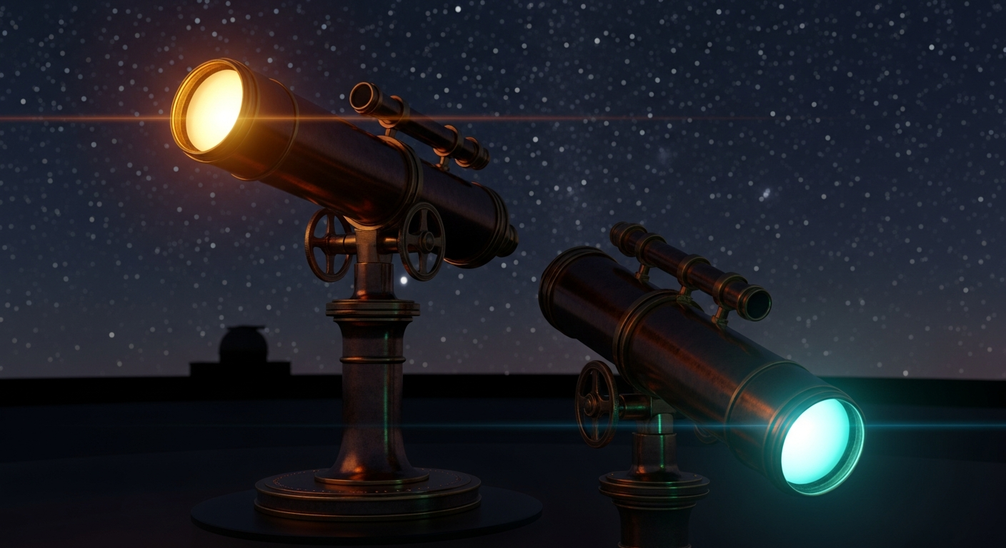 Two ornate Victorian-era brass-and-copper observatory telescopes mounted side by side on a dark obsidian platform under a starlit night sky — left telescope's eyepiece glows warm amber as it points slightly upward, right telescope's eyepiece glows cool teal as it points slightly downward, with a small distant observatory dome silhouette in the background
