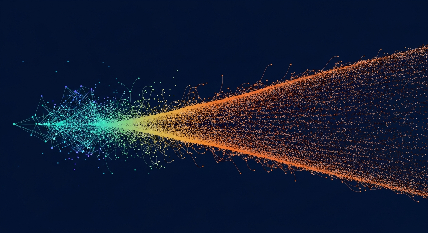 A sparse graph of 30+ service-mesh nodes connected by edges across a deep navy field, with a flowing vector field of tiny curved amber arrows showing the dependency-conditional liveness gradient curling around degraded clusters and streaming away from healthy ones