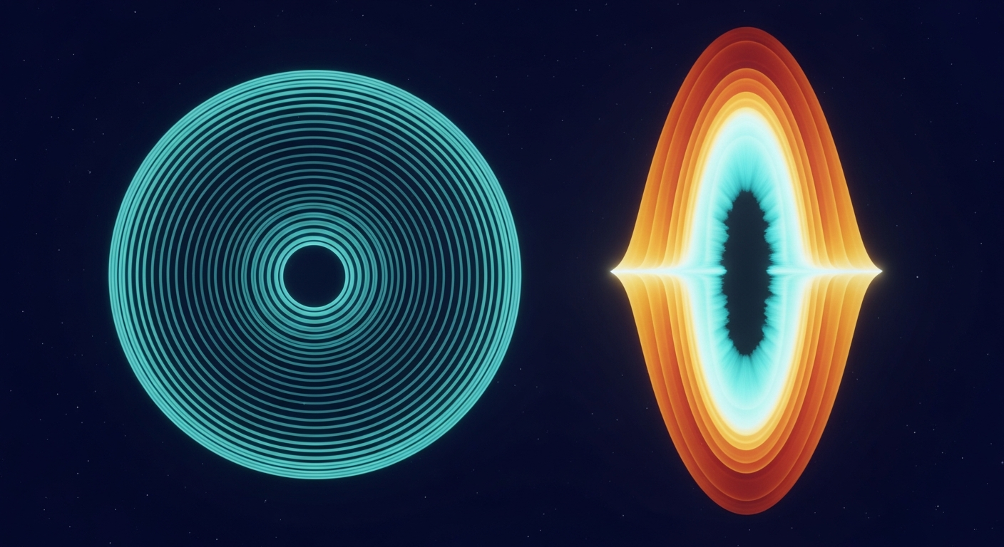 Two abstract velocity-profile forms in deep navy cosmic space — left: concentric uniform teal velocity rings of equal thickness, right: an elongated egg-shaped vertical cross-section with a tight teal axial core surrounded by graduated warm amber boundary plumes