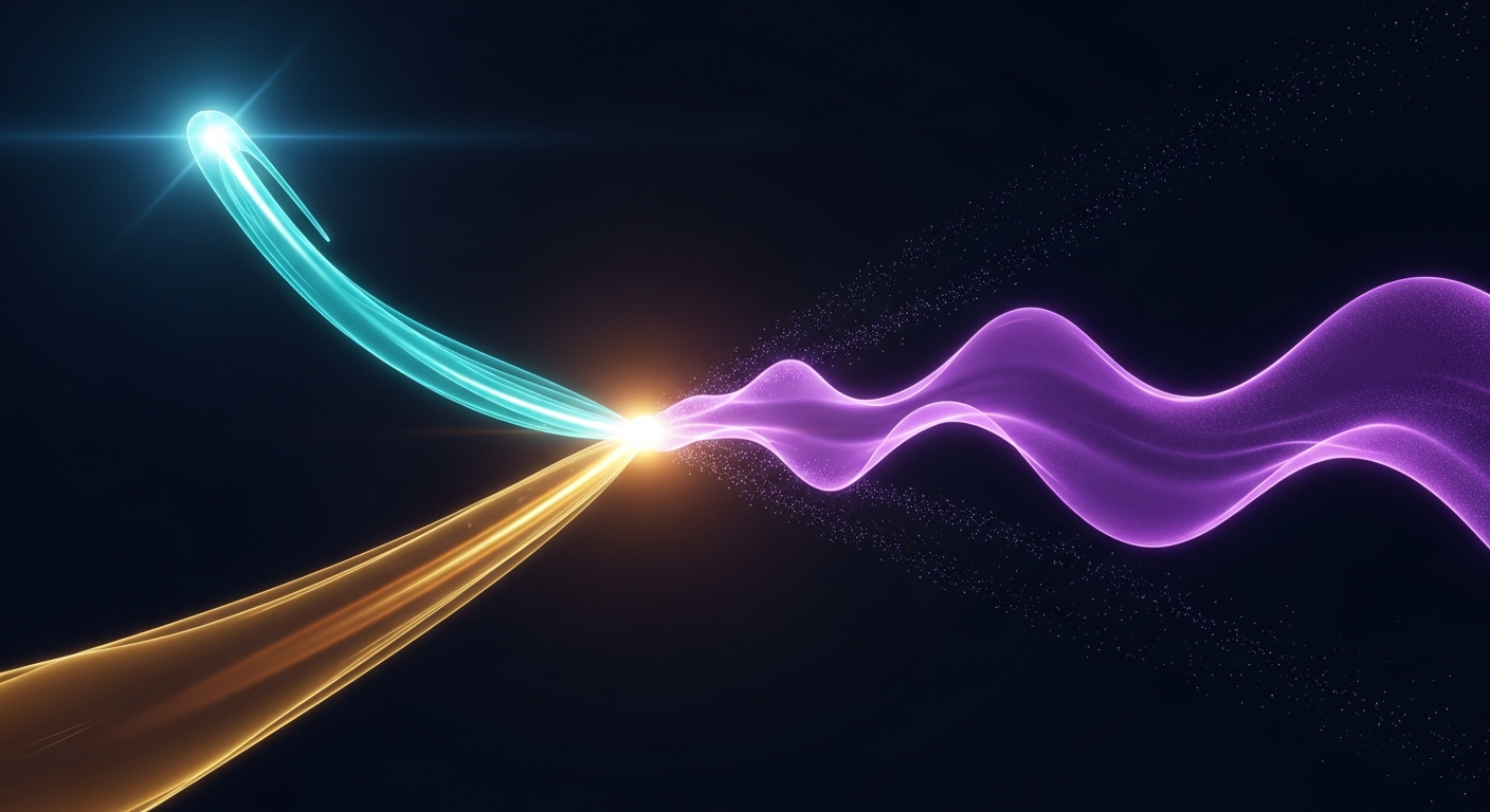 Three luminous translucent fluid streams diverging at a glowing nexus point in deep cosmic space — a tight focused teal beam curving sharply upward, a wider amber stream flowing steadily forward, a gently undulating violet wave-stream rippling rhythmically