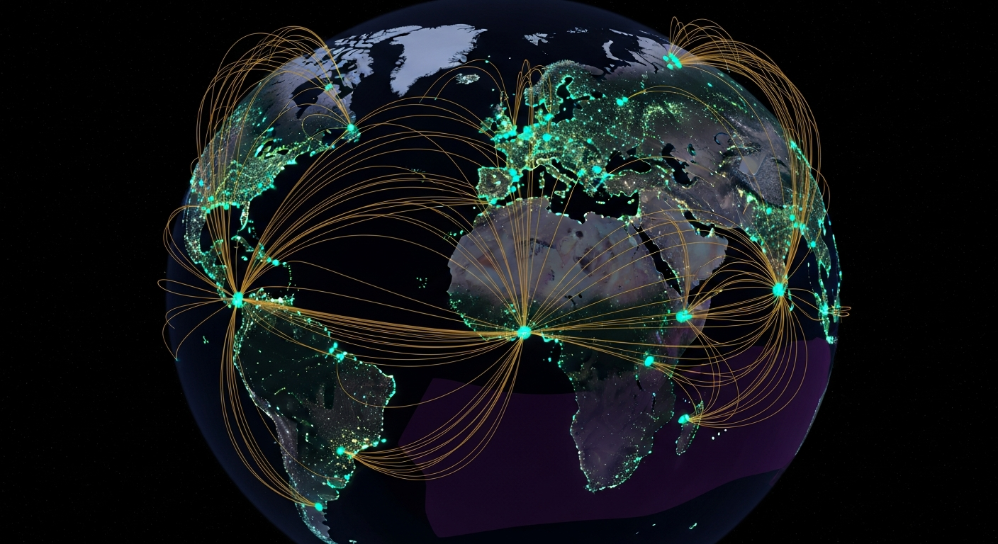 A dark globe at night with luminous teal endpoint nodes connected by gently undulating amber fiber arcs across continents, with deeper purple oceanic latency-distribution overlays