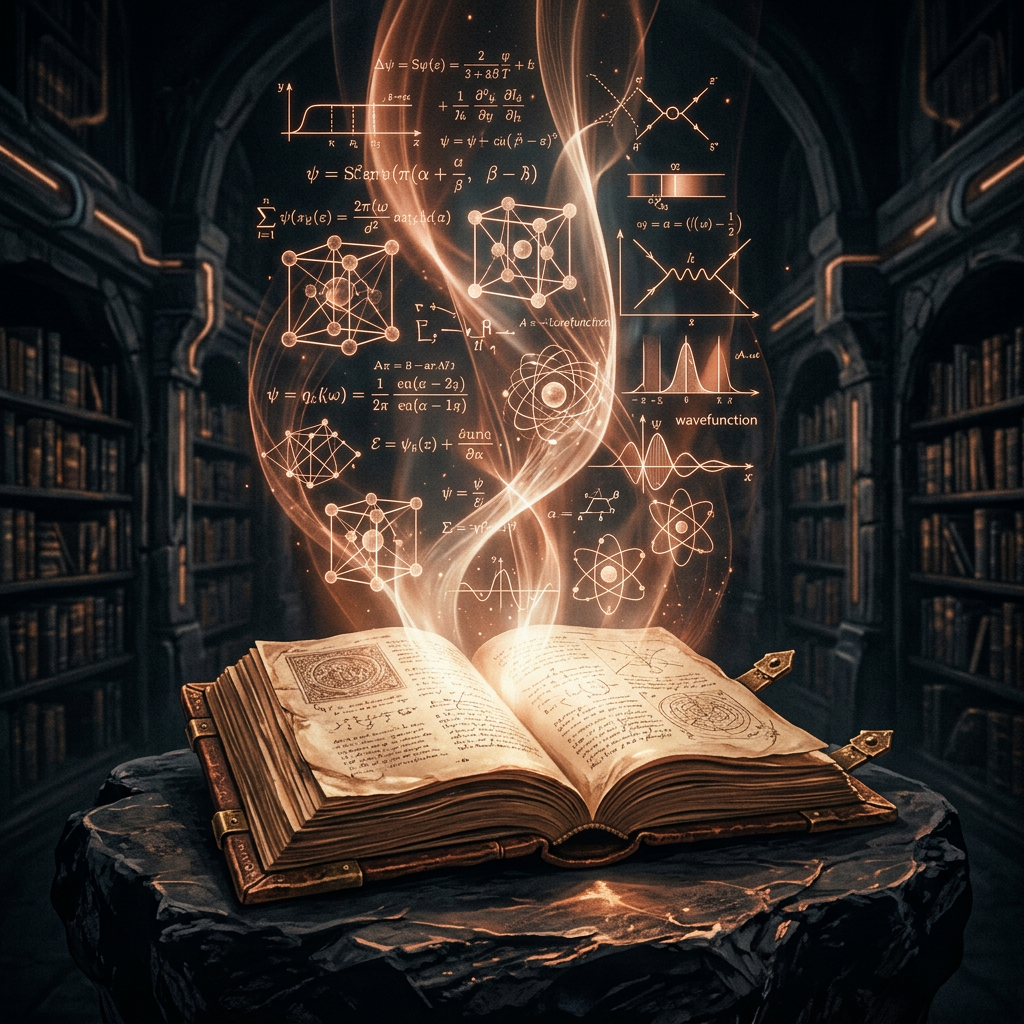 Open antique physics tome with hand-drawn diagrams of nested measurement layers, lit by warm amber lamplight