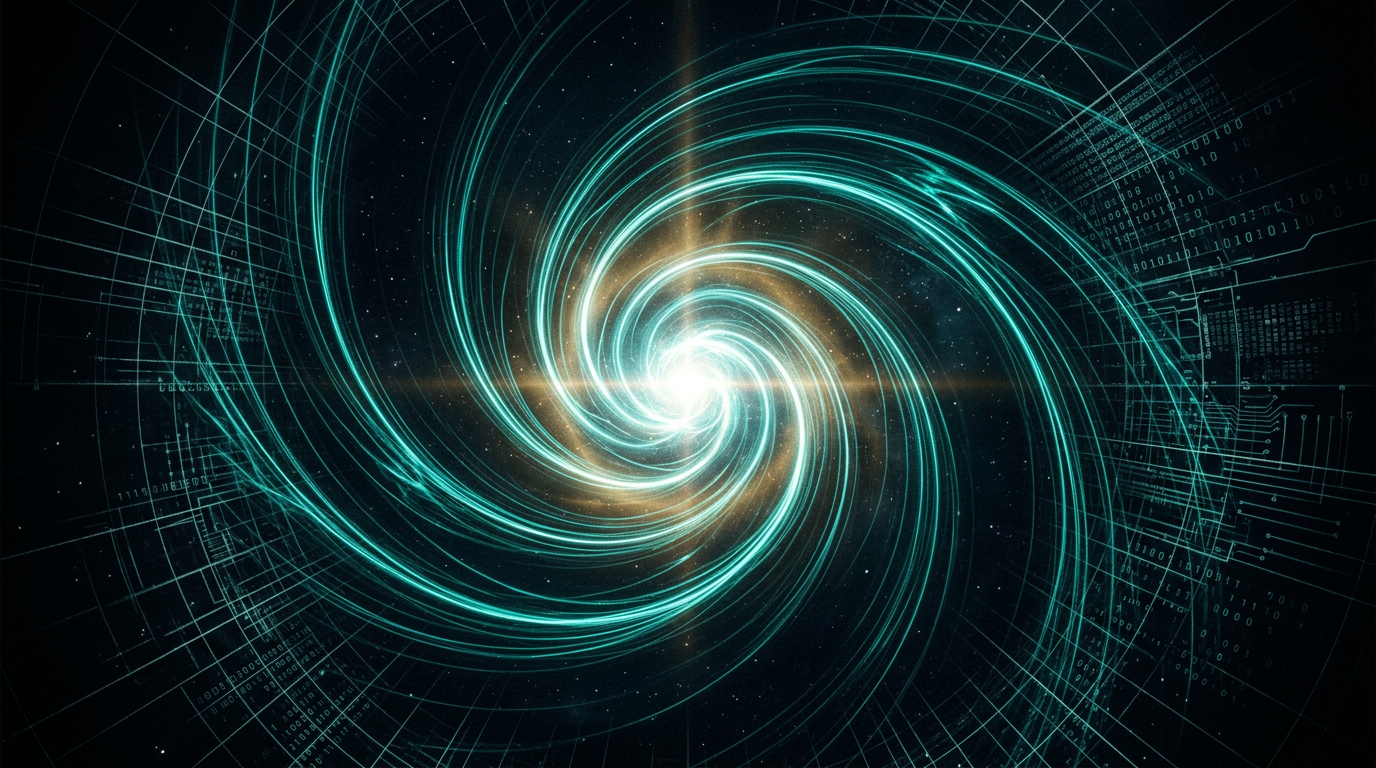 Inward spiraling teal and amber light streams converging through an egg-shaped conduit profile
