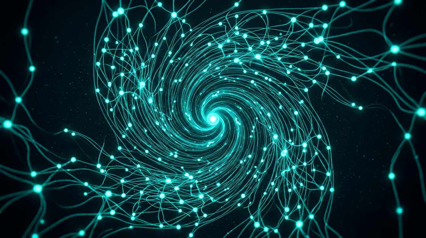 Trout-like silhouettes holding stationary in a glowing teal vortex of streaming particles