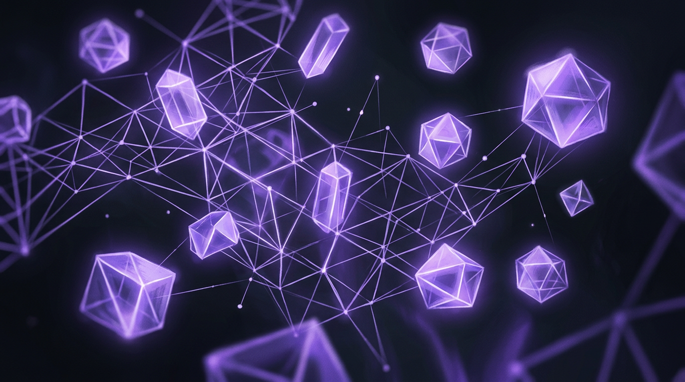 Stacked violet crystalline polyhedra forming a luminous archive vault with cryptographic glyphs etched on each face