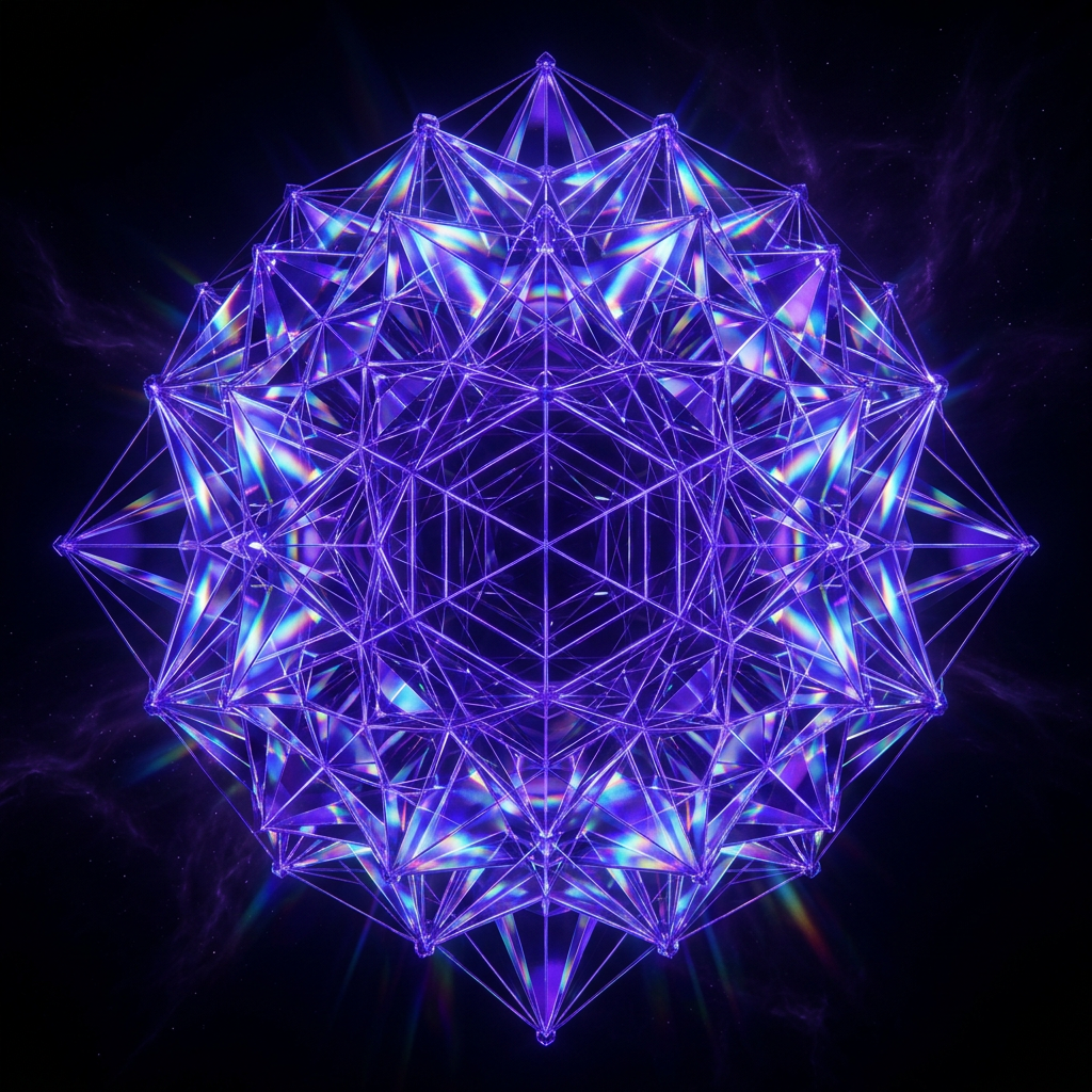 Two interpenetrating violet stress fields crossing inside a transparent crystalline sphere with luminous interference patterns