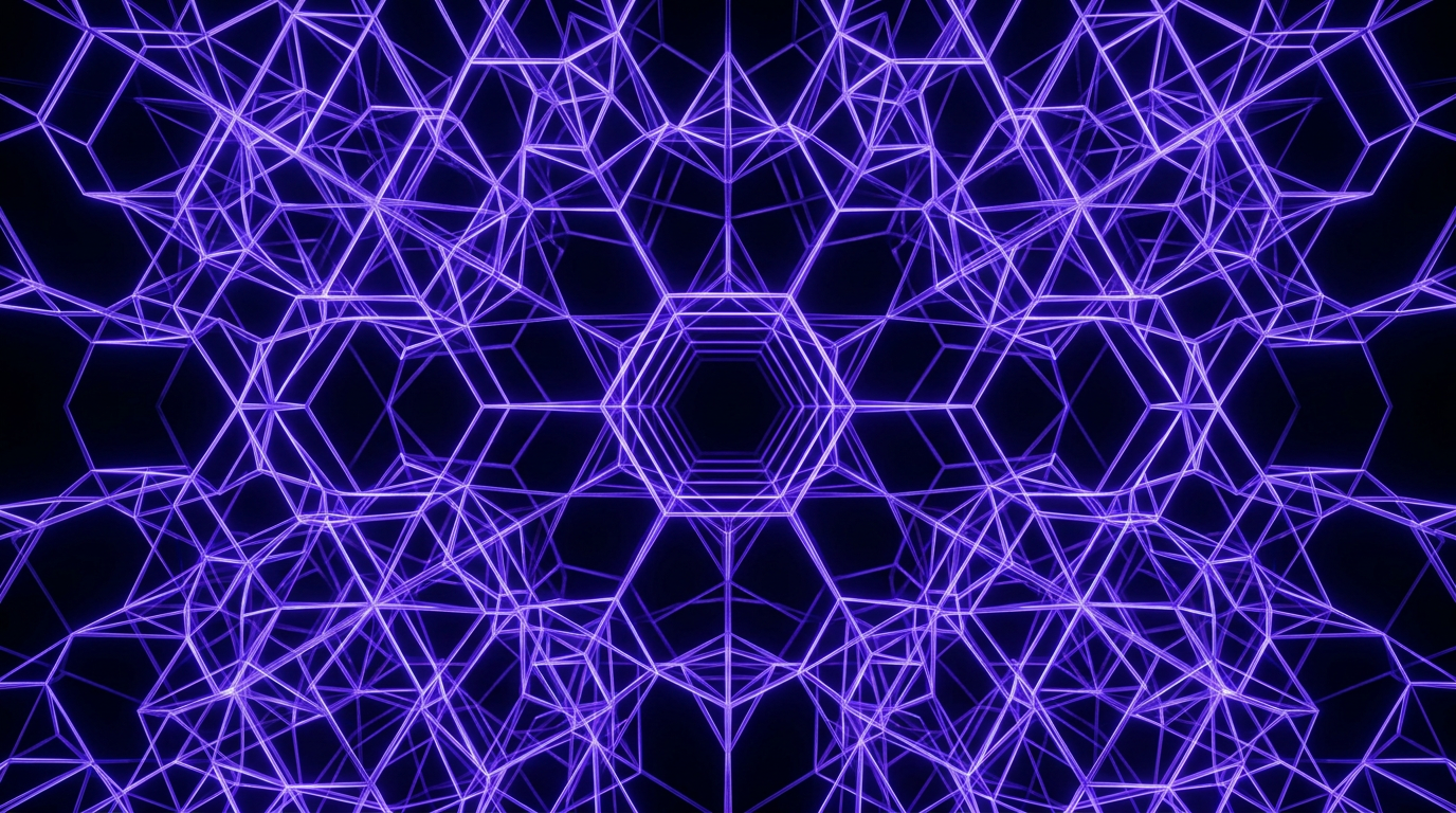 Concentric violet hexagonal lattice rings nesting inward toward a luminous teal crystalline core, representing the centripetal compression structure of the CVKDF key derivation function