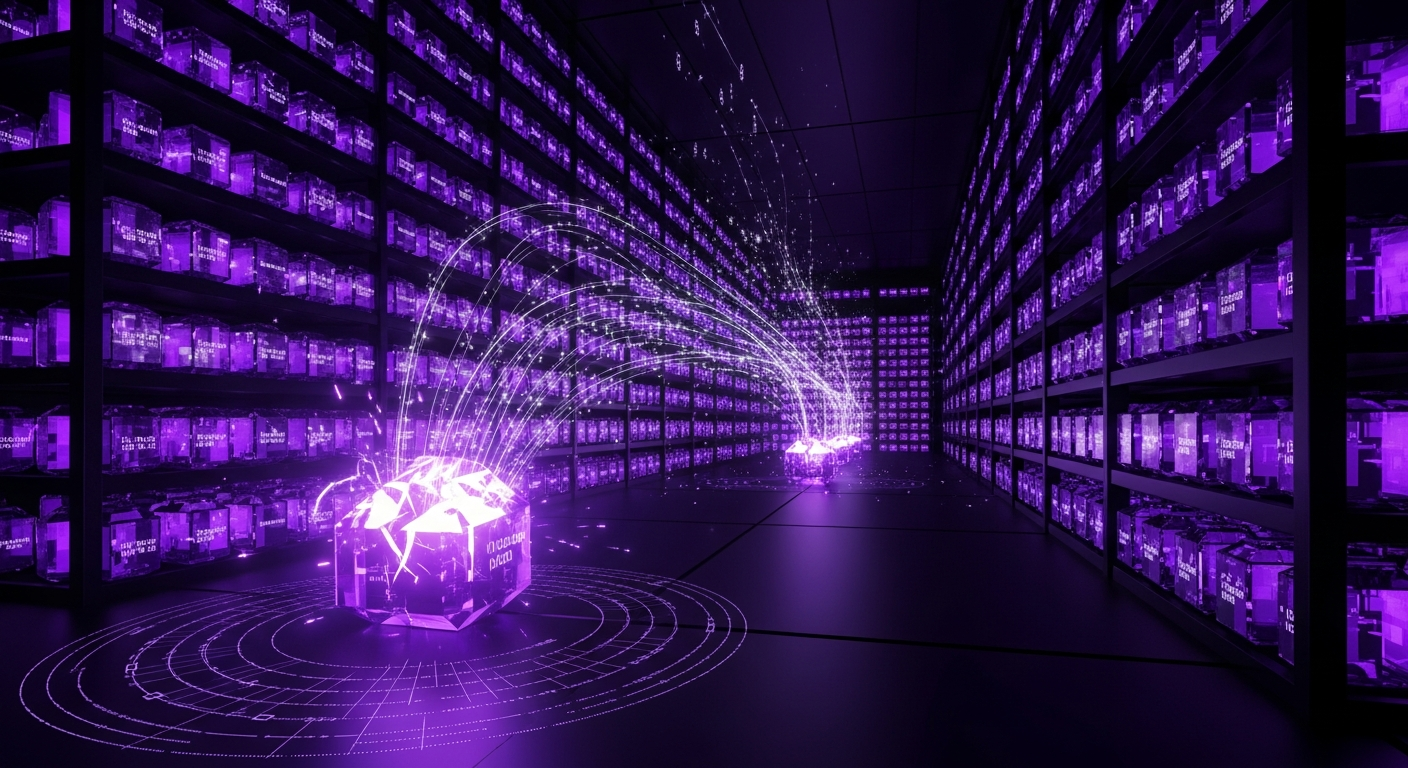Dark archive vault filled with stacked violet data crystals, one cracking open under a quantum interference pattern