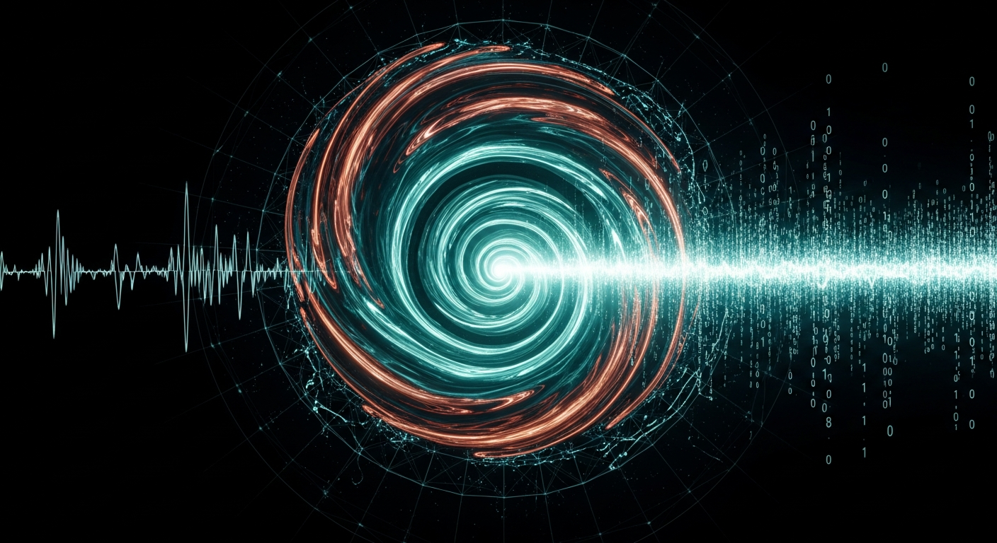 Aerial top-down view of a luminous water vortex spiraling inward over a faint mathematical grid