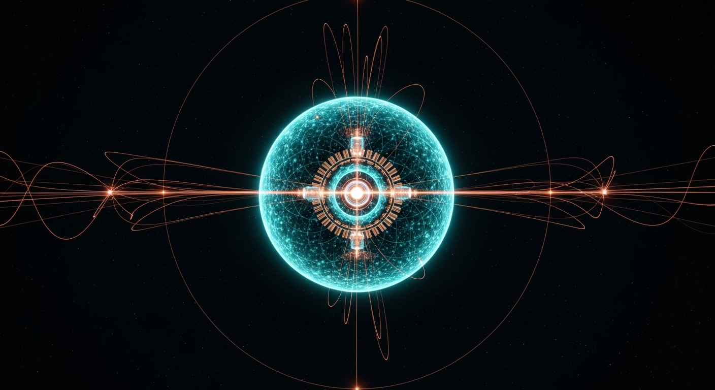 Glowing teal Schappeller stator-rotor sphere suspended in obsidian space with copper ether filaments radiating outward