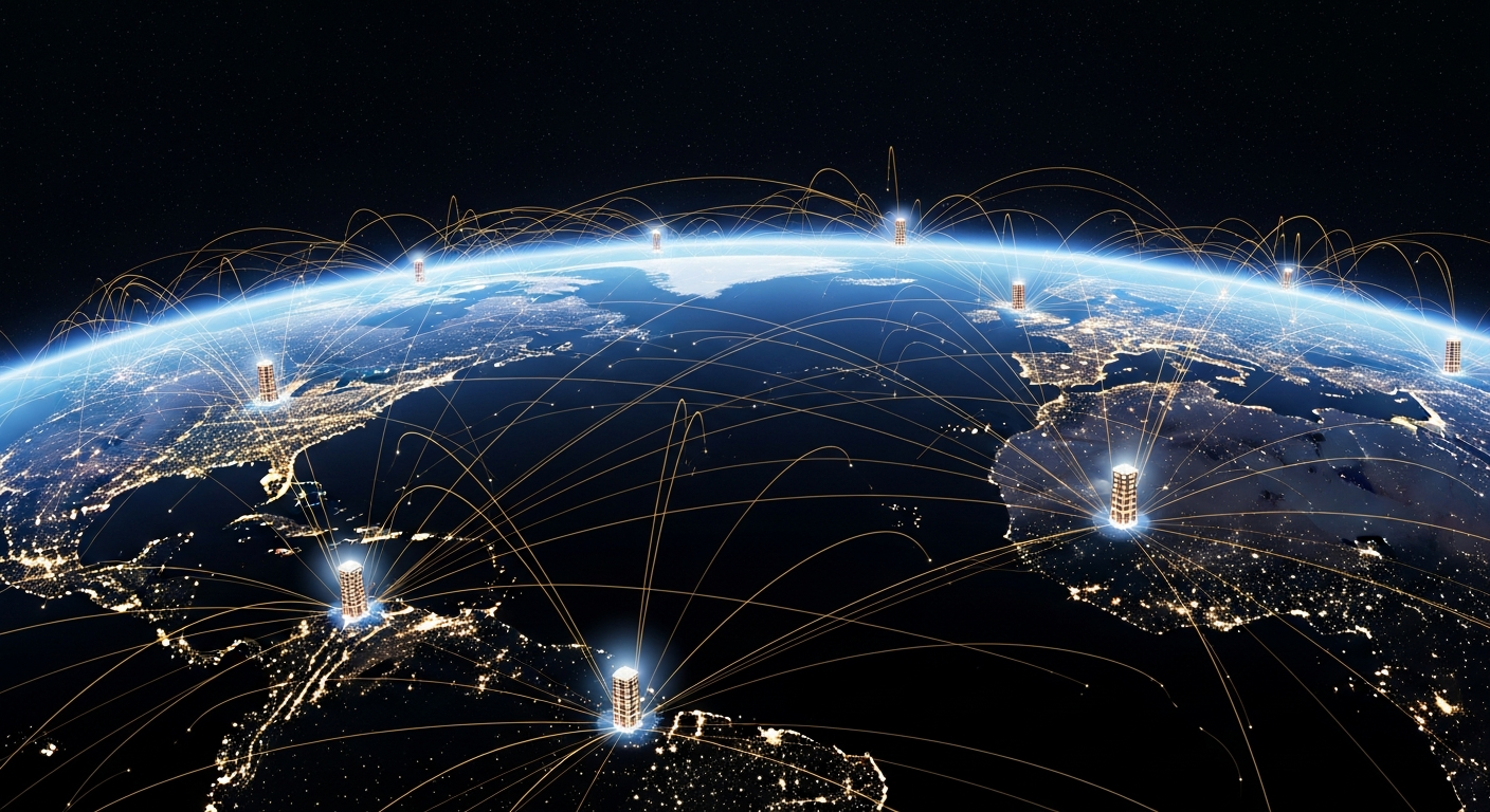 Earth from low orbit at night with golden electromagnetic standing waves between glowing tower nodes across continents